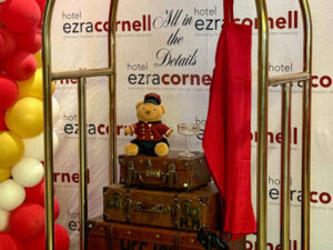 A plush teddy bear sits on top of a luggage, next to a martini glass. Above, a sign reads "All in the Details."