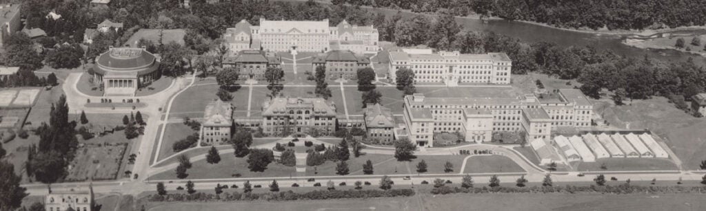 Black and white aerial photo of the Ag Quad on the Cornell Campus.