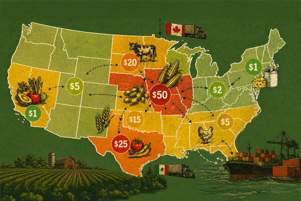 United States of America map illustration indicating products and tariff prices