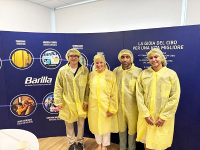 Inside Barilla, students learn how next-generation leadership is shaping the company’s future. From left: Gustavo Avila, MBA/MS ’26; Melissa Linares, MBA/MS’26; Joe Benson, MBA/MS ’26; and Ankita Thodimela, MBA/MS ’27.