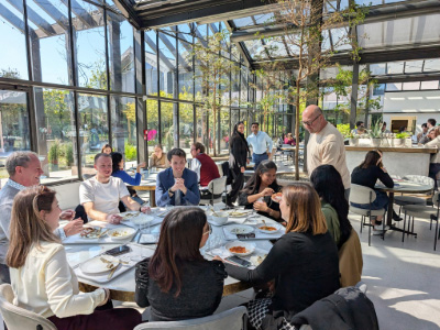 Students enjoying lunch at Davines Village, a global model for regenerative sustainability and employee well-being.