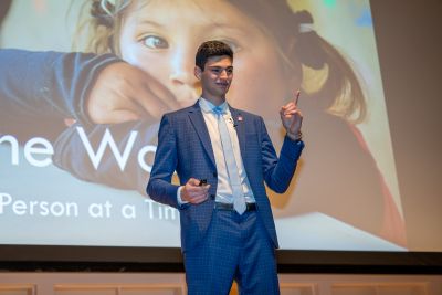 Lucas Suero presents Citizens of the World during the 2023 Hospitality Business Plan Competition.