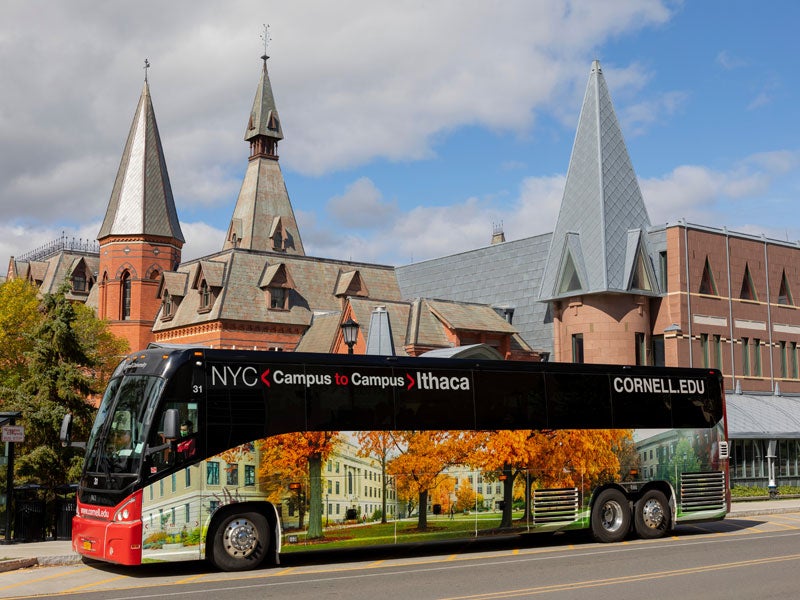 Cornell NYC Bus parked in front of Sage Hall