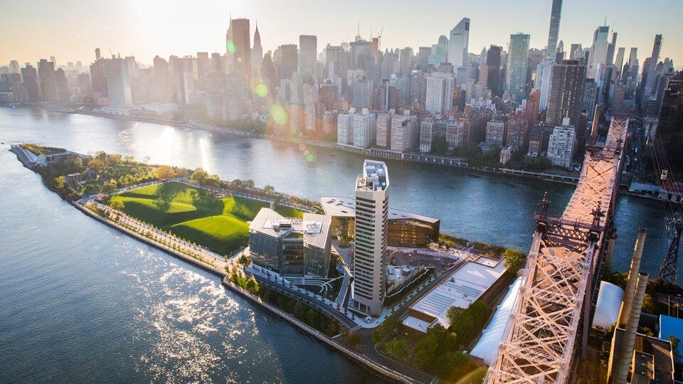 aerial view of the Cornell Tech campus on Roosevelt Island