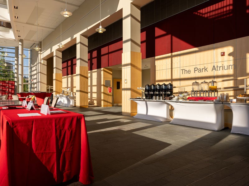 Park Atrium in Statler Hall, 250 people standing, 80 seated, used for mid-sized receptions, $900 half day