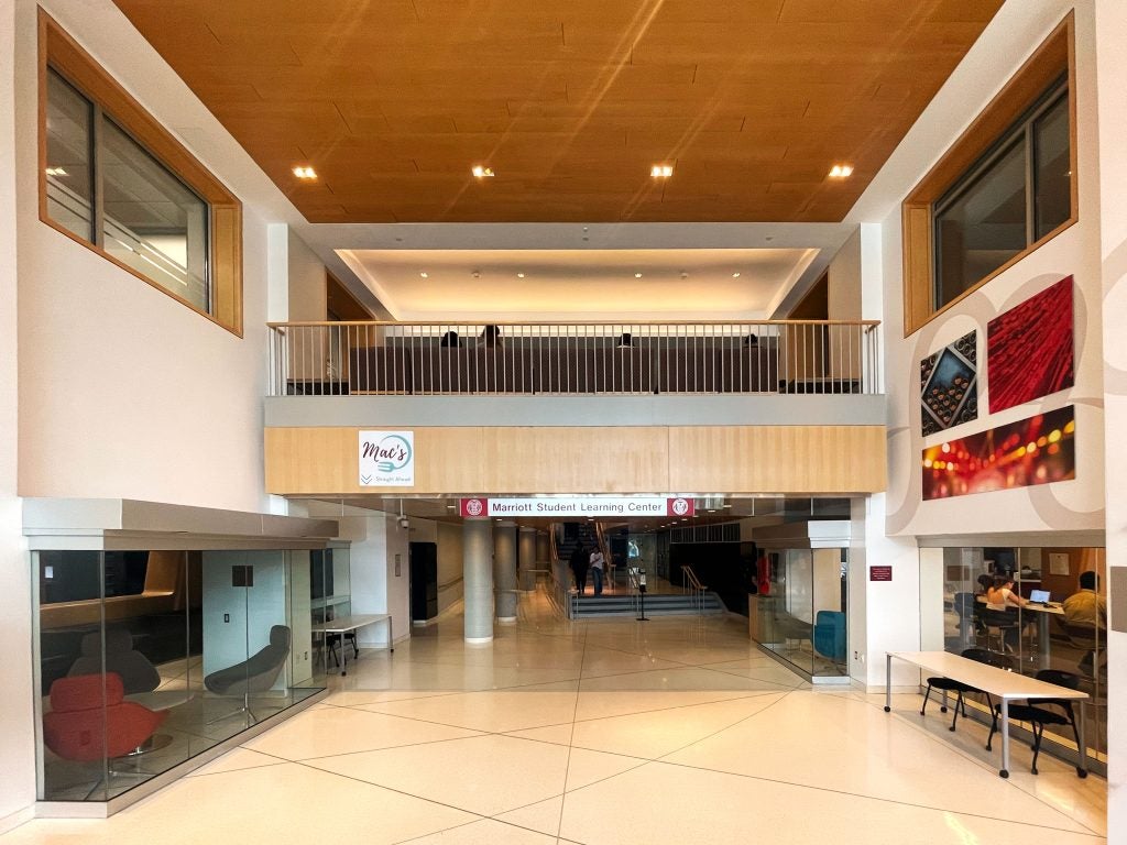 Tsai Family Atrium, entrance to Statler Hall from Feeney Way. Two-story space available for rent.