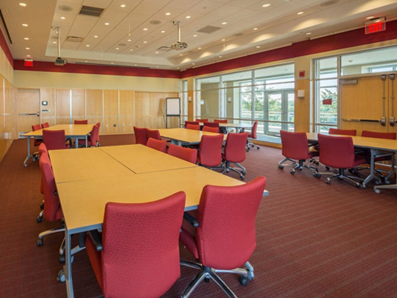 Silver birch space, seating for approximately 20 people, red chairs, media projectors, large screens