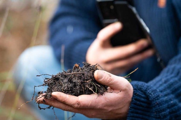 A person talking a close up picture on their phone of dirt.