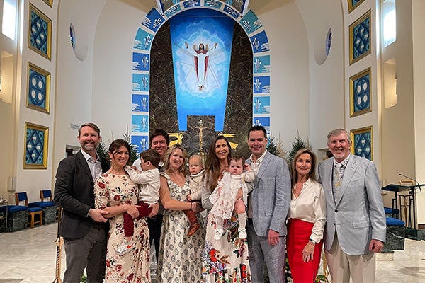 Farrell family photo, from left: Joseph (Joey) Farrell III, MBA &rsquo;16; Danielle Farrell (Joey&rsquo;s wife); Charlie Farrell (Joey&rsquo;s son); Danik Forsman (Summer Farrell-Forsman&rsquo;s husband); Summer Farrell-Forsman; Finn Farrell-Forsman (Summer&rsquo;s son); Lana Farrell, MBA &rsquo;20; Cora Farrell (Lana&rsquo;s daughter); Josh Early (Lana&rsquo;s husband); Mary Beth Farrell; Joseph (Joe) Farrell Jr.