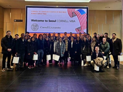 A group of Cornell MBA students at Mirae Asset&rsquo;s office in Seoul.