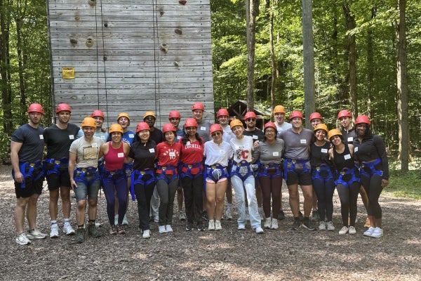 Park Fellowship Class of 2027 at a ropes course in Ithaca, New York, strengthening trust, teamwork and communication