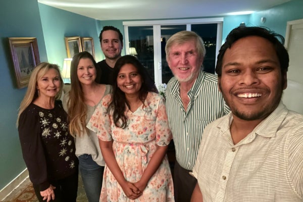 Group photo after a dinner at Prasad Batchu&rsquo;s place in 2023. From left: Mary Beth Farrell, board director of Resolve; Lana Farrell, MBA &rsquo;20; Josh Early; Batchu&rsquo;s wife, Shruti Batchu; Joseph Farrell Jr.; and Batchu, MBA &rsquo;20.