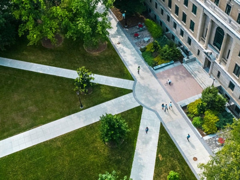 Aerial photo of the Ag Quad and the front entrance of Warren Hall
