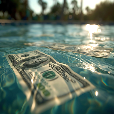Hundred dollar bills floating in a pool.