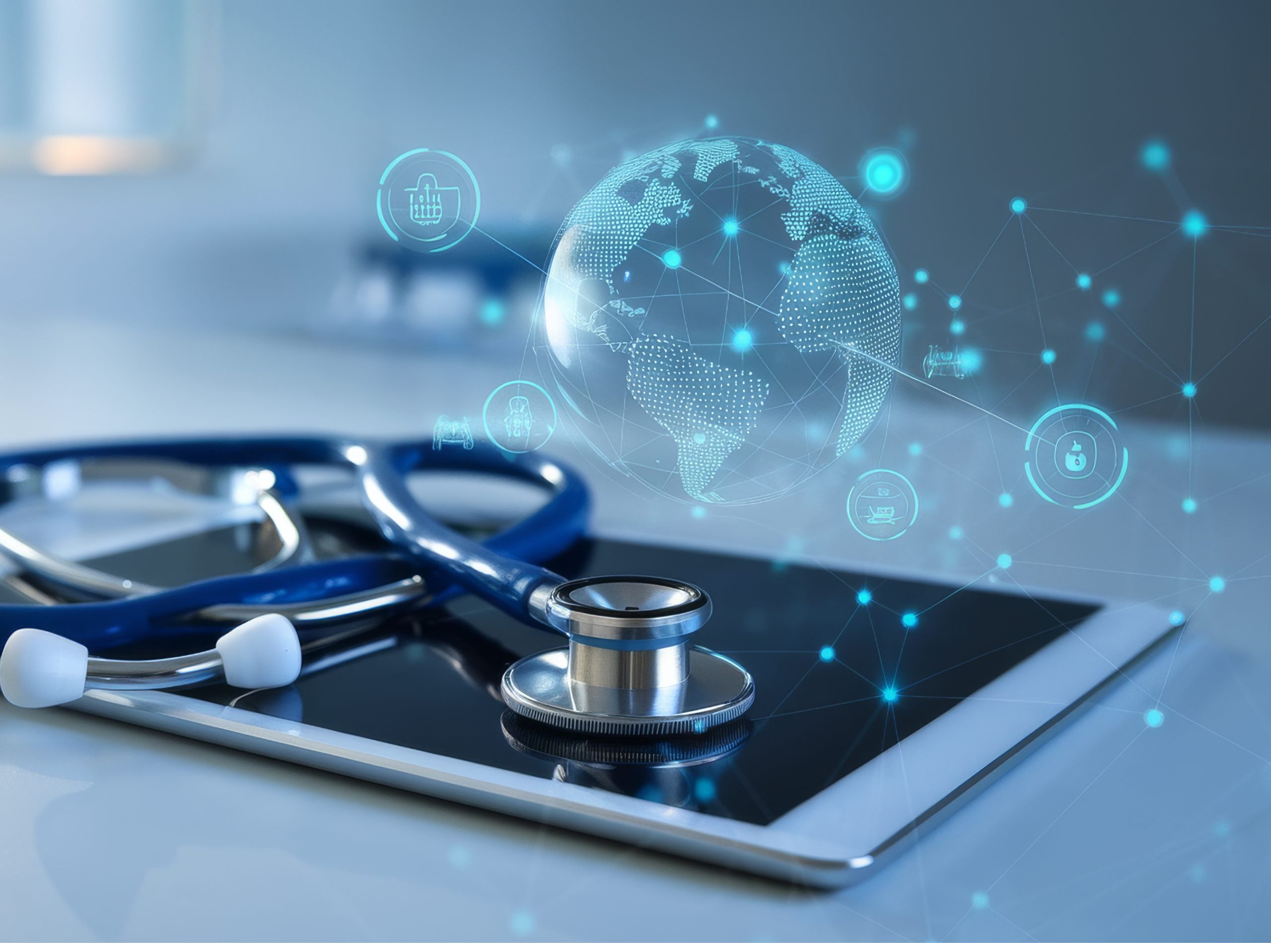 An illustration of an iPad with a stethoscope on top and a blue transparent globe over it.