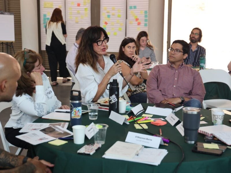 Woman speaking into a microphone at a table of conference participants.