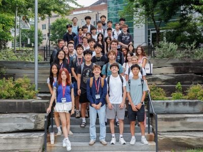 Group of high school students participating in the Future Founders summer course on the Cornell campus.