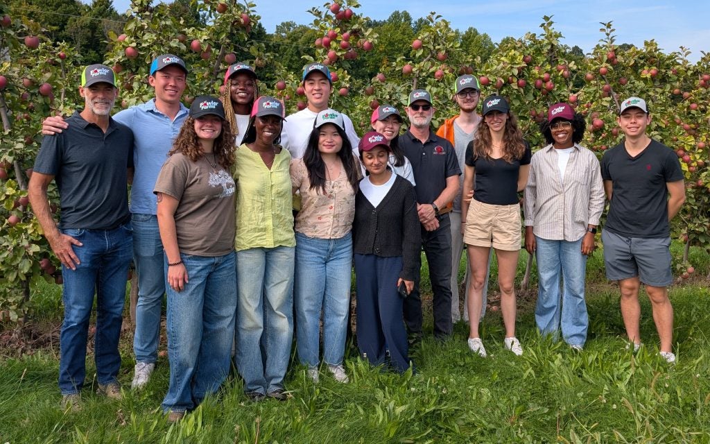 A group photo of students at a fall field trip to Fowler Farms.