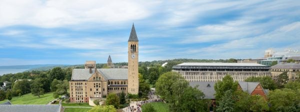 An aerial view of McGraw tower and Ho Plaza of a busy day.