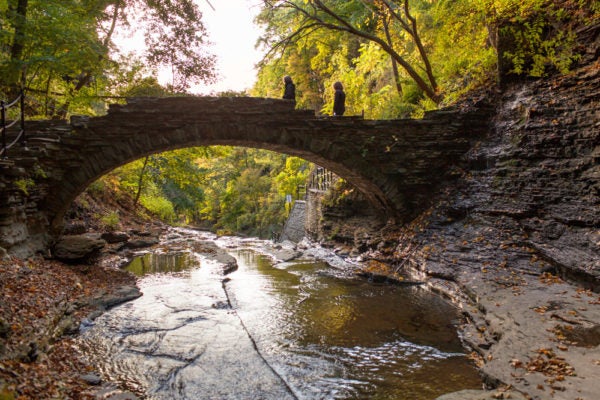 People walking across Ithaca Bridge with a stream flowing beneath.